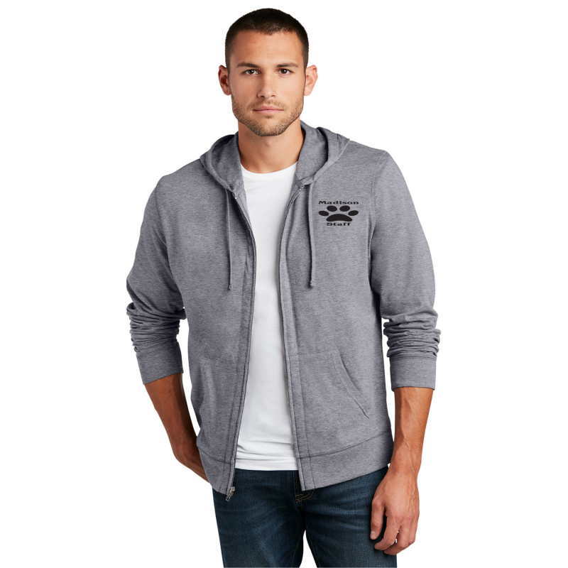 DT2100 District ® Women’s Fitted Jersey FullZip Hoodie; WHITE EMBR ON